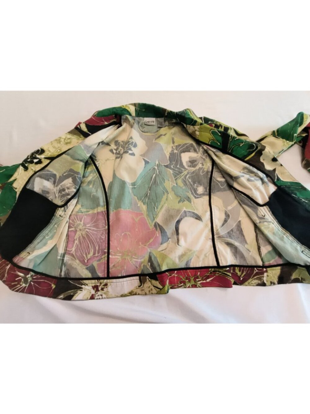 Chicos Women Size 3 Green Floral Button Front Long Sleeve Collared Jacket - Picture 9 of 14